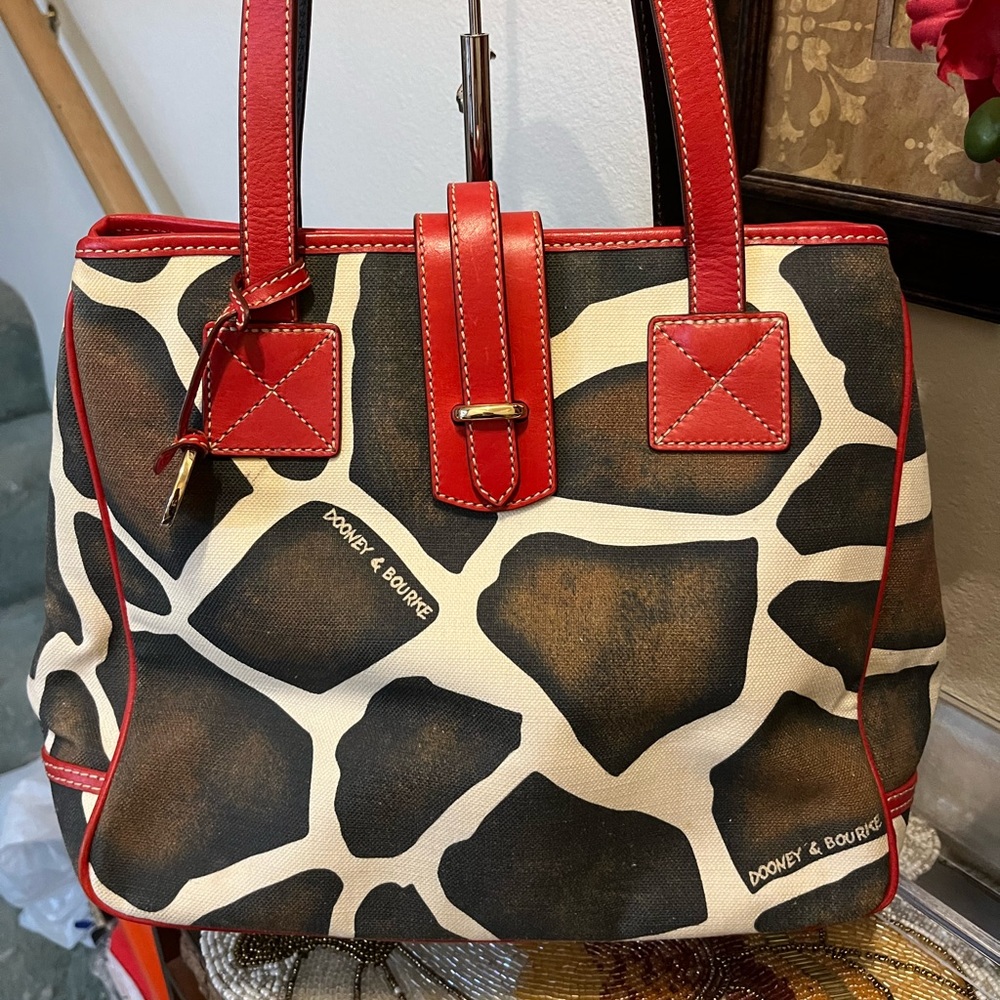 DOONEY & BOURKE Giraffe Print Large Leather Shoulder Bag. Red Trim & Straps. EUC